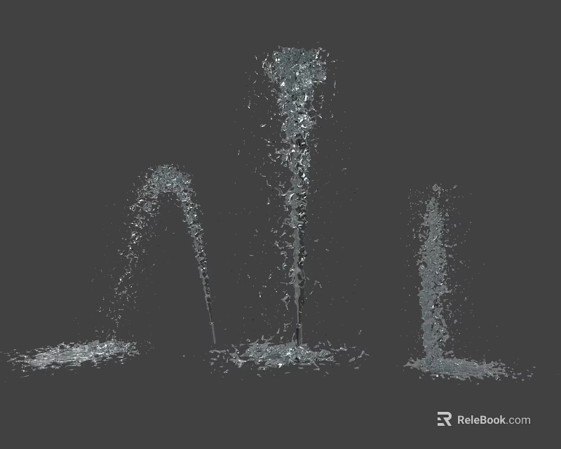 Three Fountains With Various Spray Shapes And Splashing Water On Gray Background 3d model 