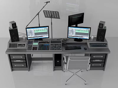 Professional Audio Workstation With Studio Speakers Dual Monitors And Mixing Gear 3d model