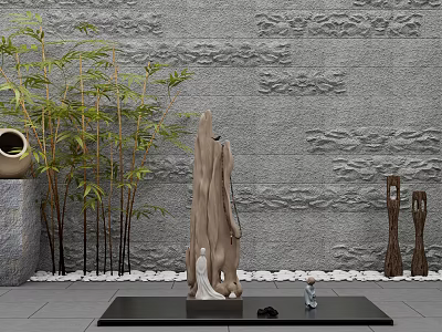Garden Ornaments Featuring Bamboo Plants Ceramic Pot Tree Sculpture White Pebbles Against Gray Embossed Wall 3d model