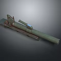 Old Fashioned Green Cannon With Metal Barrel And Carriage On Dark Background