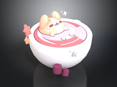 Cute Cartoon Rabbit In White Bowl With Pink Swirl Orange Pink Stars And Pink Cubes 3d model