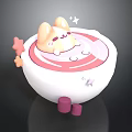 Cute Cartoon Rabbit In White Bowl With Pink Swirl Orange Pink Stars And Pink Cubes