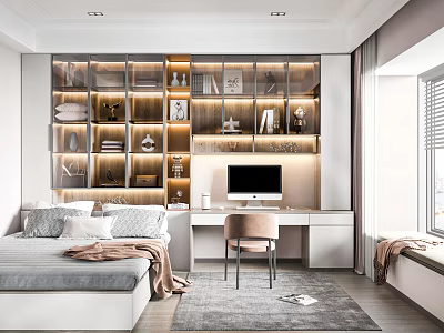 Modern Tatami Bedroom Interior With Tatami Bed Desk Chair And Glass Door Storage Cabinets 3d model