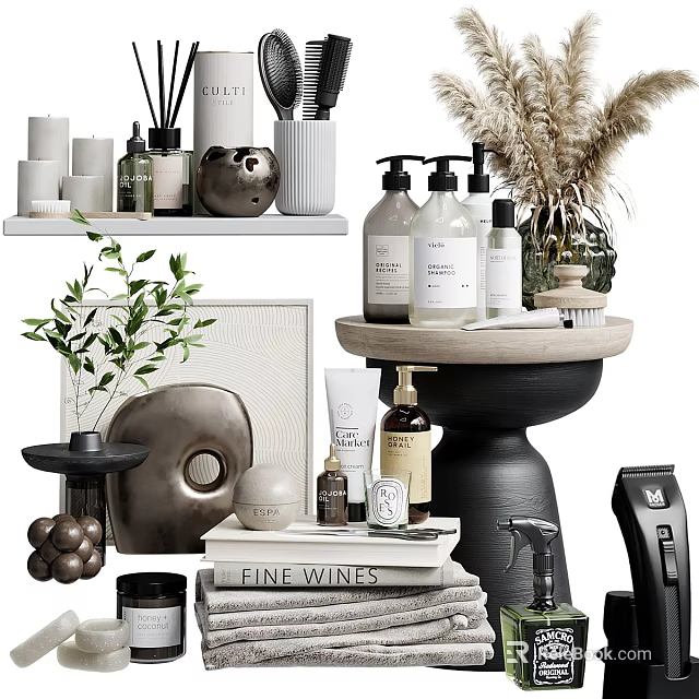 Minimalist Bathroom Set With Candles Soap Dispensers Plants Decor Brushes And Towels 3d model 