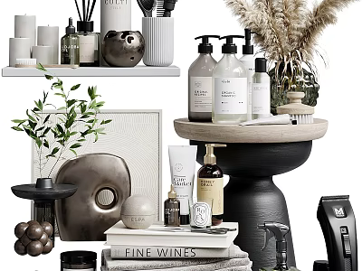 Minimalist Bathroom Set With Candles Soap Dispensers Plants Decor Brushes And Towels 3d model