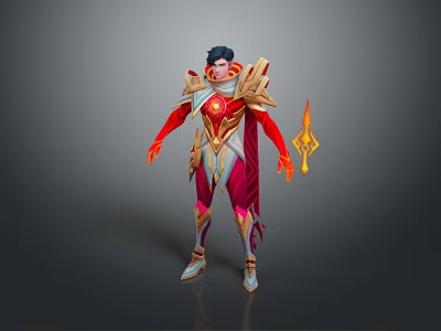 Red And Gold Armored Collectible Figurine With Cape And Glowing Weapon 3d model
