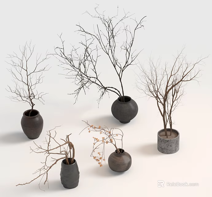 Multiple Bonsai Potted Plants in Dark Ceramic Pots with Leafless Branches and Small Light Decorations 3d model