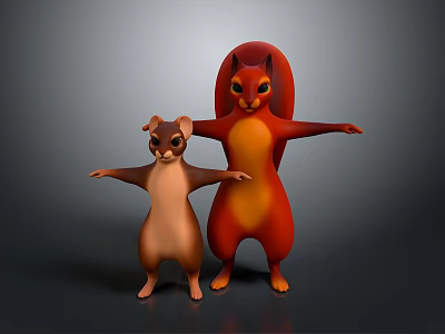 Cartoon Anthropomorphic Squirrel And Brown Animal Characters Standing With Open Arms 3d model