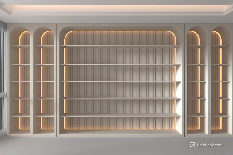 Modern White Shelving Unit With Layered Shelves And Built In Lighting Design 3d model 