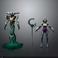 Two Sci Fi Characters Green Robot And Purple Pink Figure With Ringed Staff Standing
