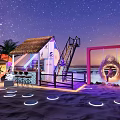 Beach Area With Thatched Hut Bar Swing Glowing Rings Starry Sunset Sky