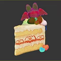Delicious Layered Cake With Cream Strawberry And Green Leaf Decorations Alongside Small Colorful Candies