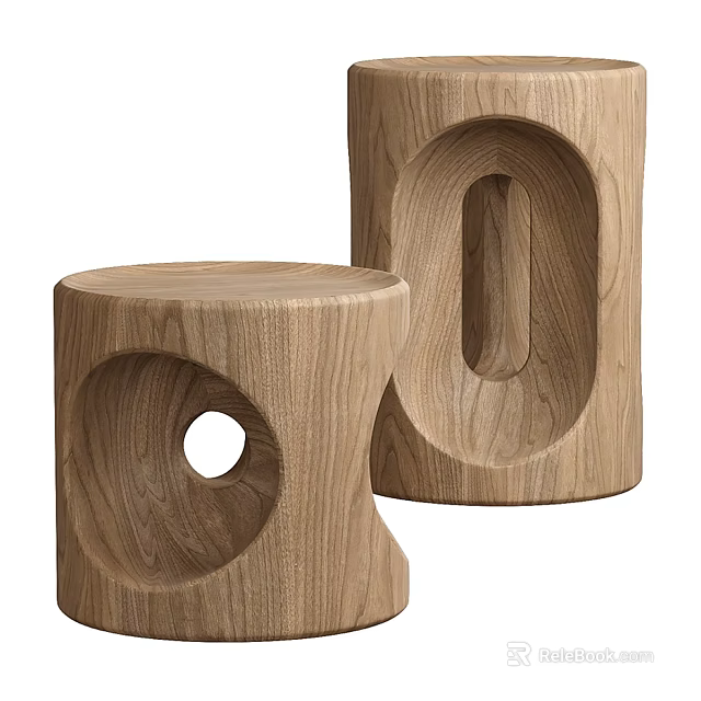 Handcrafted Oak Wooden Stools With Unique Carved Hole Design For Modern Home Decor 3d model 