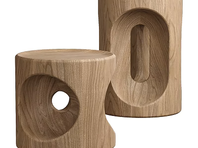 Handcrafted Oak Wooden Stools With Unique Carved Hole Design For Modern Home Decor 3d model