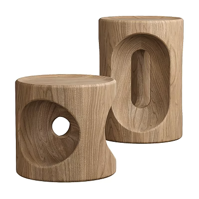 Handcrafted Oak Wooden Stools With Unique Carved Hole Design For Modern Home Decor 3d model