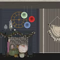 Festive Fireplace Adorned With Logs Pumpkins Colorful Balls And String Lights Near Macramé Wall Hanging
