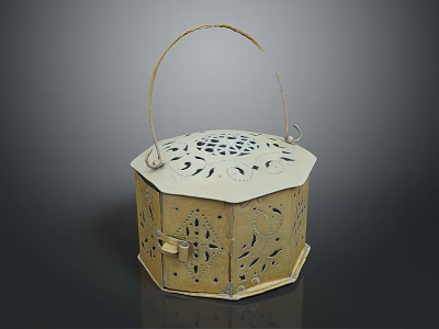 Traditional Octagonal Storage Container With Carved Hollow Design And Handle 3d model