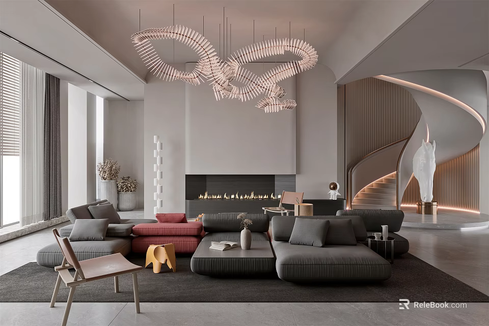 Modern Luxury Living Room Interior With Gray Sectional Sofa Artistic Chandelier And Fireplace Decor 3d model 