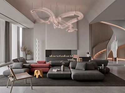 Modern Luxury Living Room Interior With Gray Sectional Sofa Artistic Chandelier And Fireplace Decor 3d model