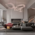 Modern Luxury Living Room Interior With Gray Sectional Sofa Artistic Chandelier And Fireplace Decor