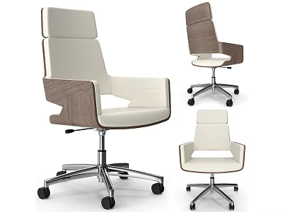 Modern Office Chair With High Backrest White Upholstery Wooden Accents And Swivel Wheels 3d model
