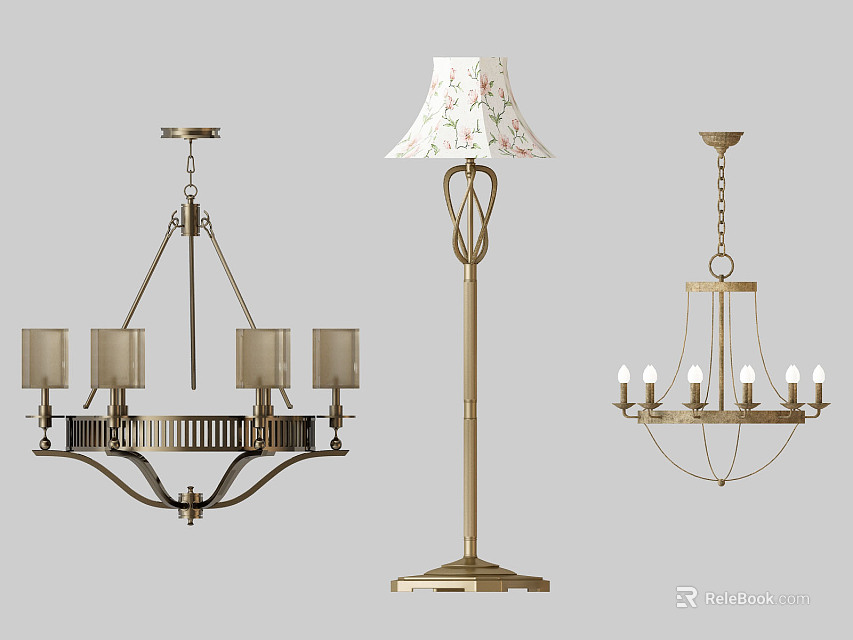 Brass Finish Lighting Combination with Chandeliers Floor Lamp and Floral Lampshade for Home Decor 3d model 