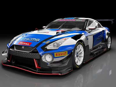 Blue and white racing car with ENEOS DUNLOP PIRELLI logos and aerodynamic body design 3d model