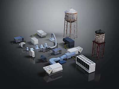 Industrial Equipment Collection Featuring Water Towers Control Panels And Machinery Units 3d model