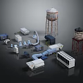 Industrial Equipment Collection Featuring Water Towers Control Panels And Machinery Units