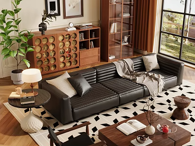 Black Leather Sofa Coffee Table Set With Pillows Books Vase Throw Blanket And Green Plant 3d model