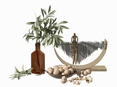Brown Glass Vase With Fresh Olive Branches And Walnuts Decorative Arrangement 3d model