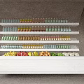 Multi Tiered Display Shelves with Assorted Bottled Drinks Fruits Vegetables and Eggs