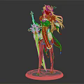 Horned Female Fantasy Warrior With Long Brown Hair Red Gold Outfit And Weapon On Pedestal