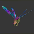 Game Character Dragon 3D Model With Colorful Wings Green Body Open Mouth Aggressive Gray Background