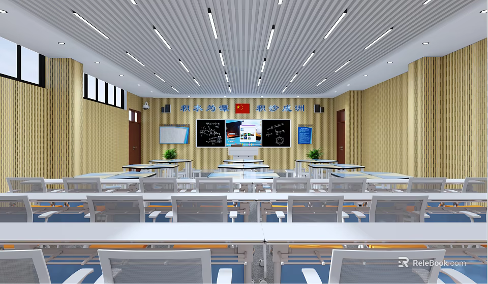 Bright Classroom Interior With Neat Desks Chairs Blackboards Red Flag And Wall Slogans 3d model 