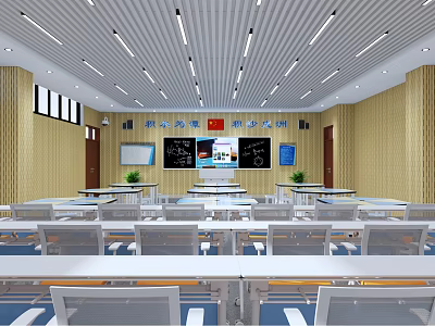 Bright Classroom Interior With Neat Desks Chairs Blackboards Red Flag And Wall Slogans 3d model