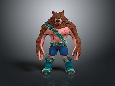 Wolf Man 3D Model With Brown Fur Red Bloodstains Blue Pants Green Belt Green Boots 3d model