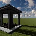Modern Garden Pavilion With Black Metal Frame Carved Screen And Stone Platform On Green Grassland