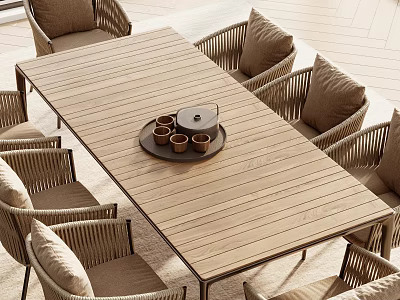 Comfortable Wicker Leisure Chairs Around Wooden Long Table For Outdoor Relaxation 3d model