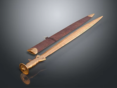 Golden Decorative Sword With Intricate Hilt And Wooden Scabbard Design 3d model