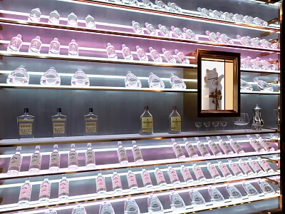 Elegant Wine Cabinet With Tiered Shelves Various Wine Bottles Glass Goblets And Illuminated 3d model