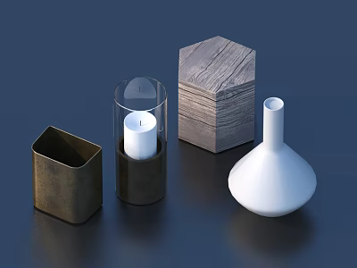 Decorative Ornament Set With Brown Square Box Glass Covered Candle Wooden Hexagonal Box White Vase 3d model