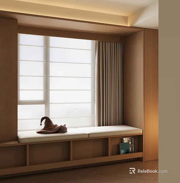 Cozy Bay Window Cabinet With Cushioned Seat Blinds Curtains Decorative Item And Bookshelf 3d model 