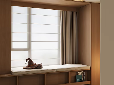 Cozy Bay Window Cabinet With Cushioned Seat Blinds Curtains Decorative Item And Bookshelf 3d model