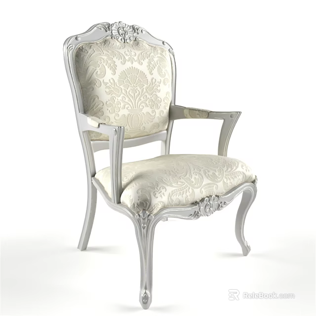 Classic Single Chair With Carved Wooden Frame Armrest And Damask Pattern Upholstery 3d model 