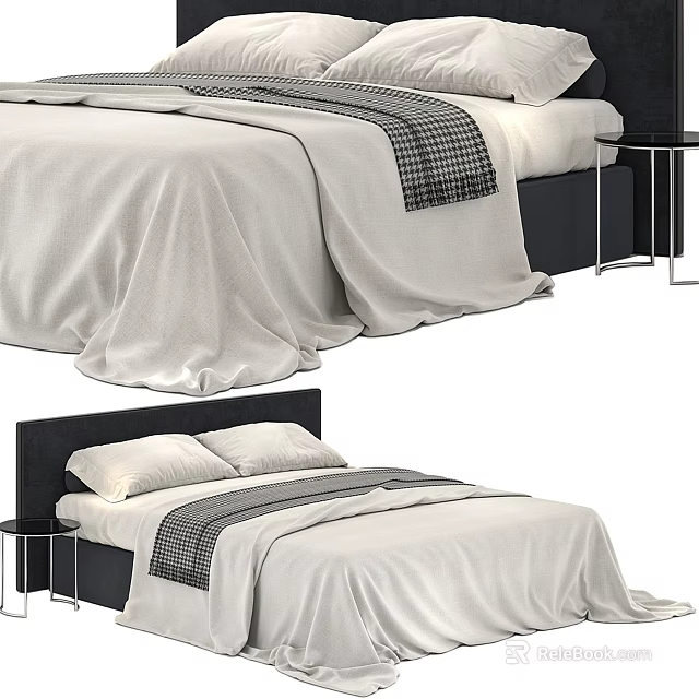 Modern Double Bed Interior with White Sheets Gray Striped Blanket and Black Headboard 3d model 