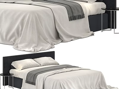Modern Double Bed Interior with White Sheets Gray Striped Blanket and Black Headboard 3d model