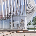 Modern Sales Office Building With Vertical Striped Facade And Green Courtyard
