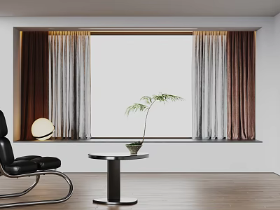 Modern Living Room Interior With Layered Neutral Brown Curtains And Large Window 3d model