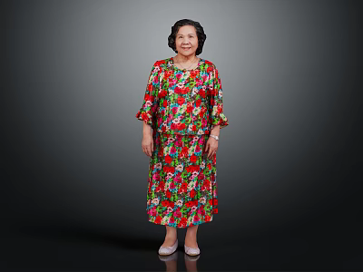 Woman Wearing Colorful Floral Dress With Red Green Patterns And White Shoes On Dark Background 3d model